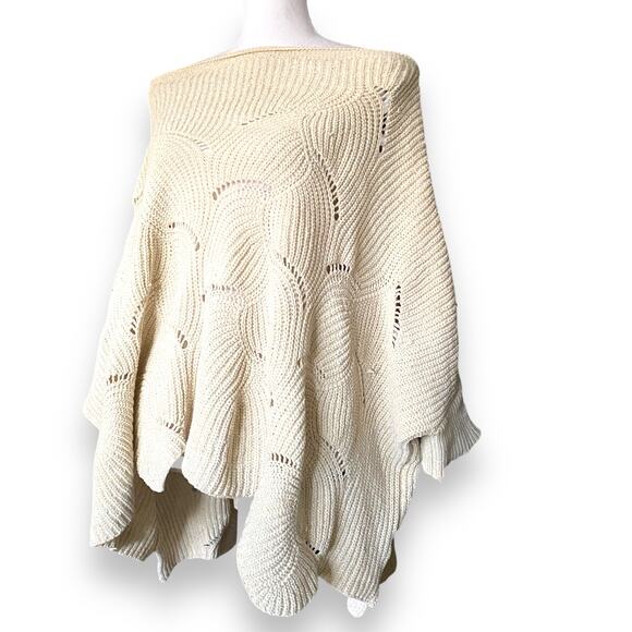 Y2k Slouchy Off Shoulder Chenille Sweater Sz S/M Cream Scallop Hem Dolman Sleeve - Picture 2 of 12
